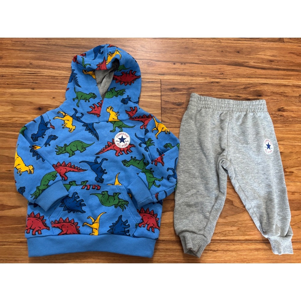 Converse Baby Boy 12M Dinosaur Hoodie and Jogger Pants Set Blue Gray 2 Piece